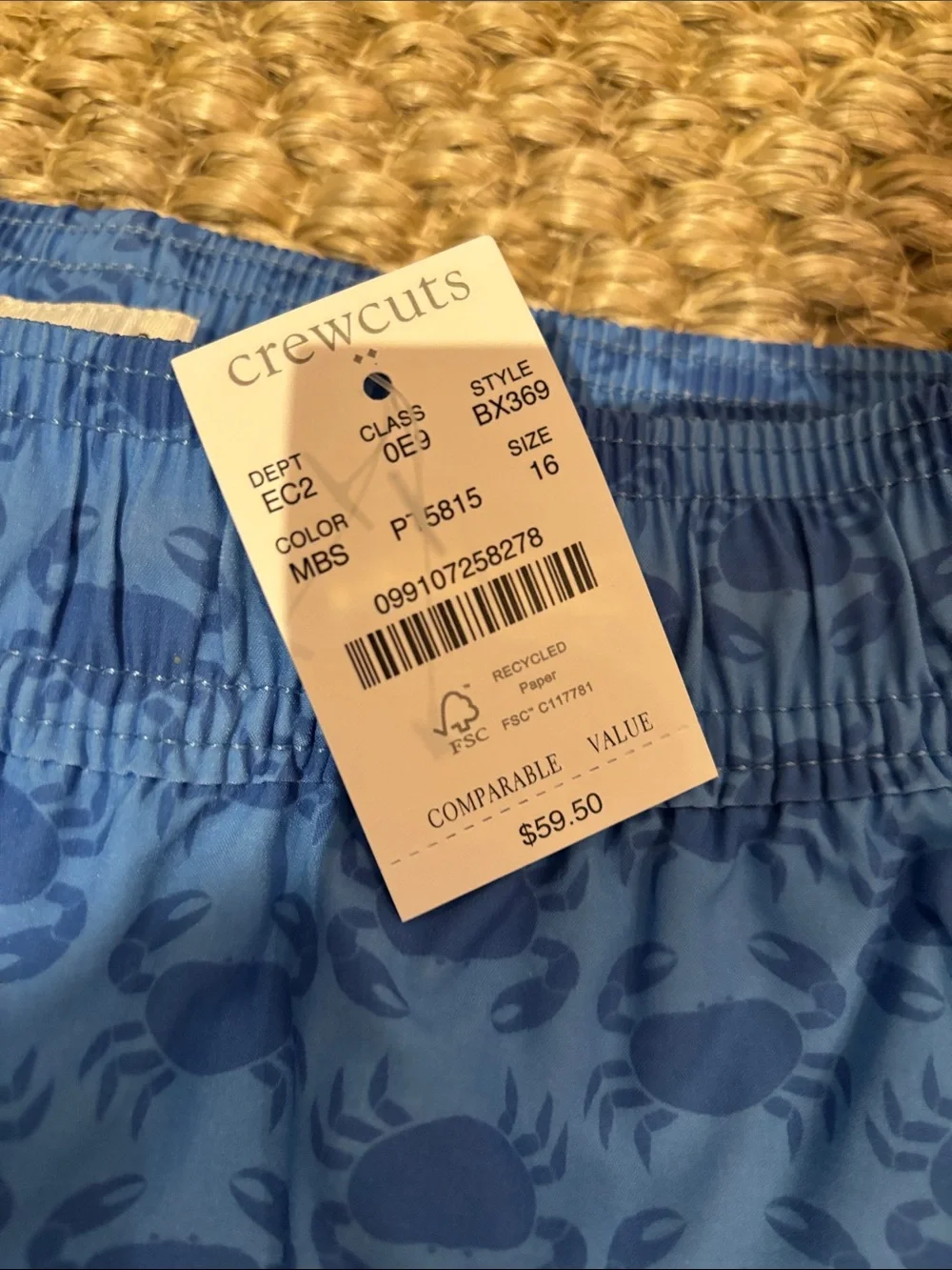 JCrew Blue Crab-Print Swim Trunks with Orange Drawcord